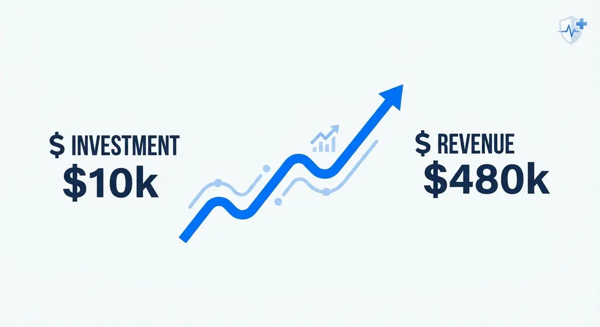 Infographic showing 10k ai marketing for fertility clinics cost versus 480k revenue return