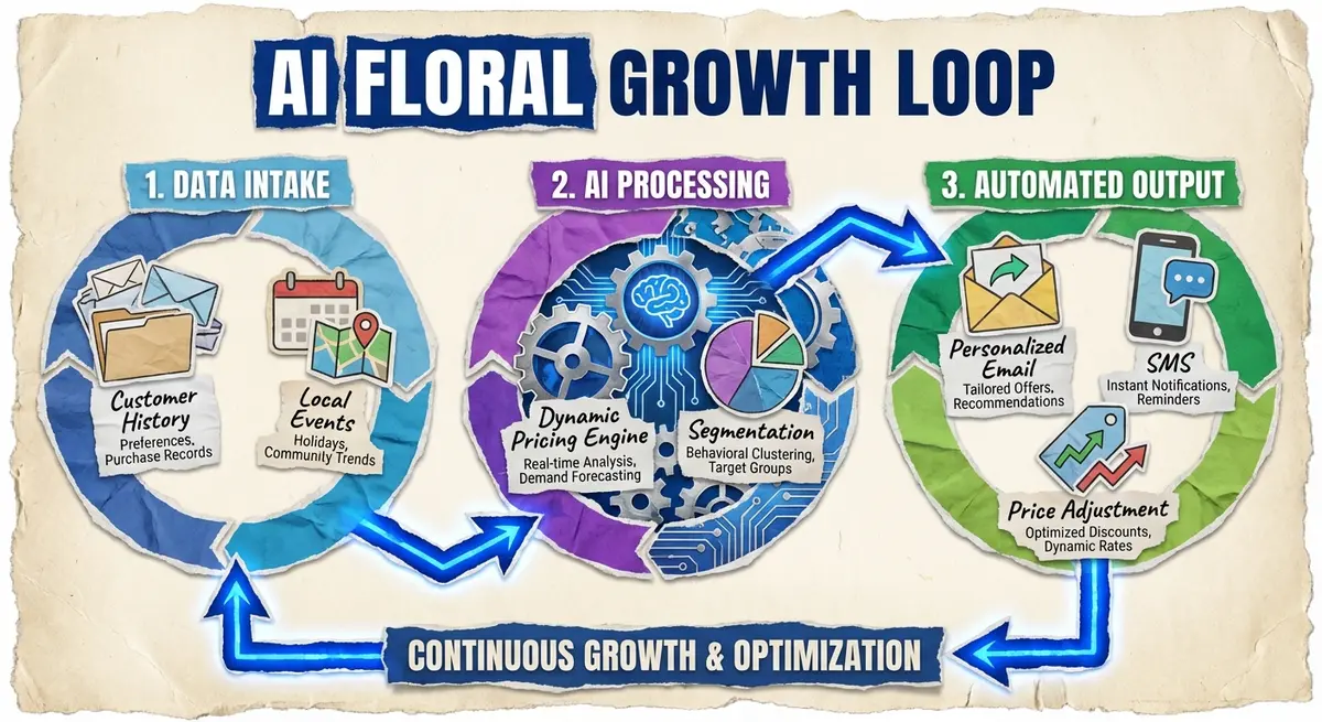 Infographic showing the AI marketing for florists pricing automation loop