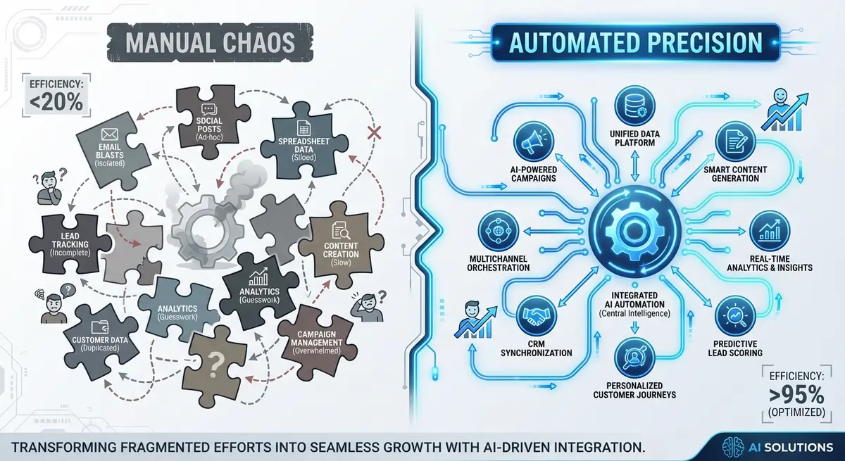 Comparison infographic showing manual versus AI marketing for franchises cost structures