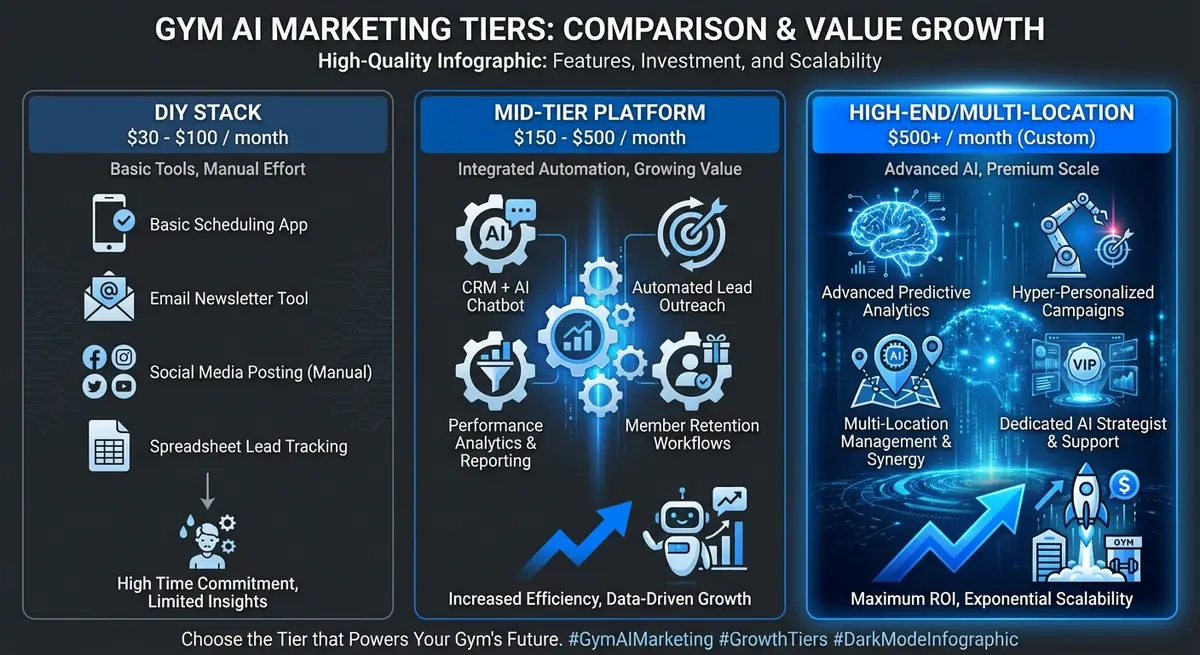Infographic breaking down ai marketing for gyms pricing tiers from DIY to Enterprise