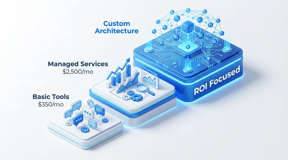 Infographic showing ai marketing for hvac companies pricing tiers from basic tools to custom architecture
