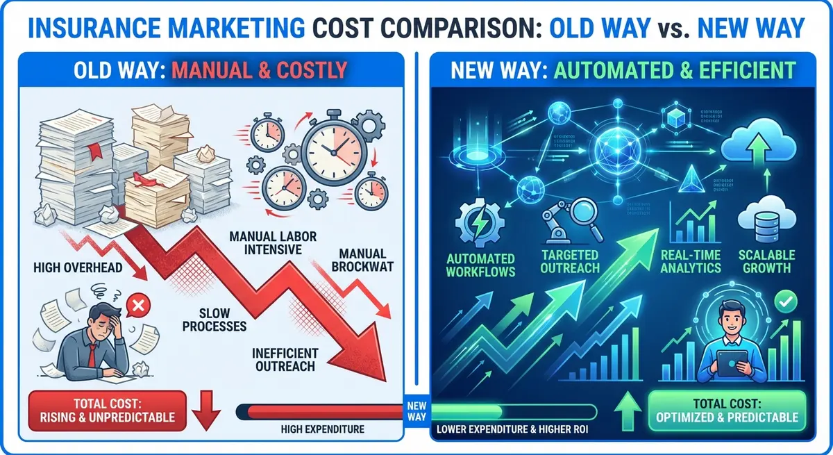 Infographic comparing manual insurance marketing costs versus AI marketing for insurance agencies cost efficiency