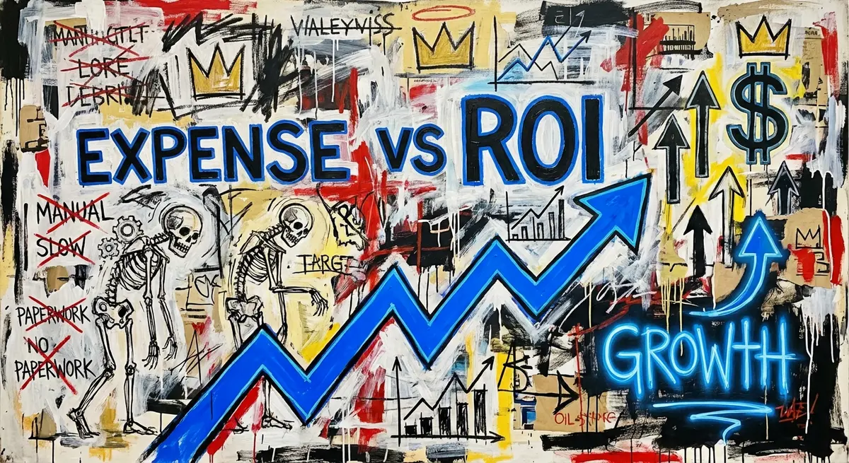 Basquiat style art showing ROI versus expense in AI marketing for life coaches cost
