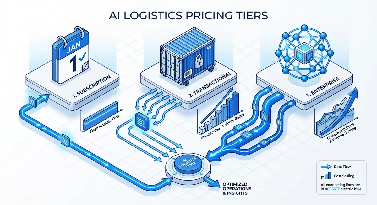 Infographic comparing subscription, transactional, and enterprise ai marketing for logistics companies pricing models