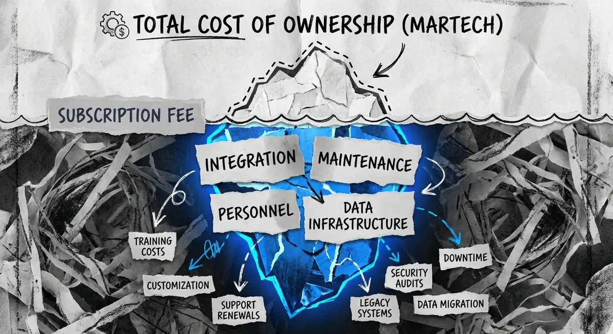 Iceberg infographic showing hidden ai marketing for martech companies cost factors