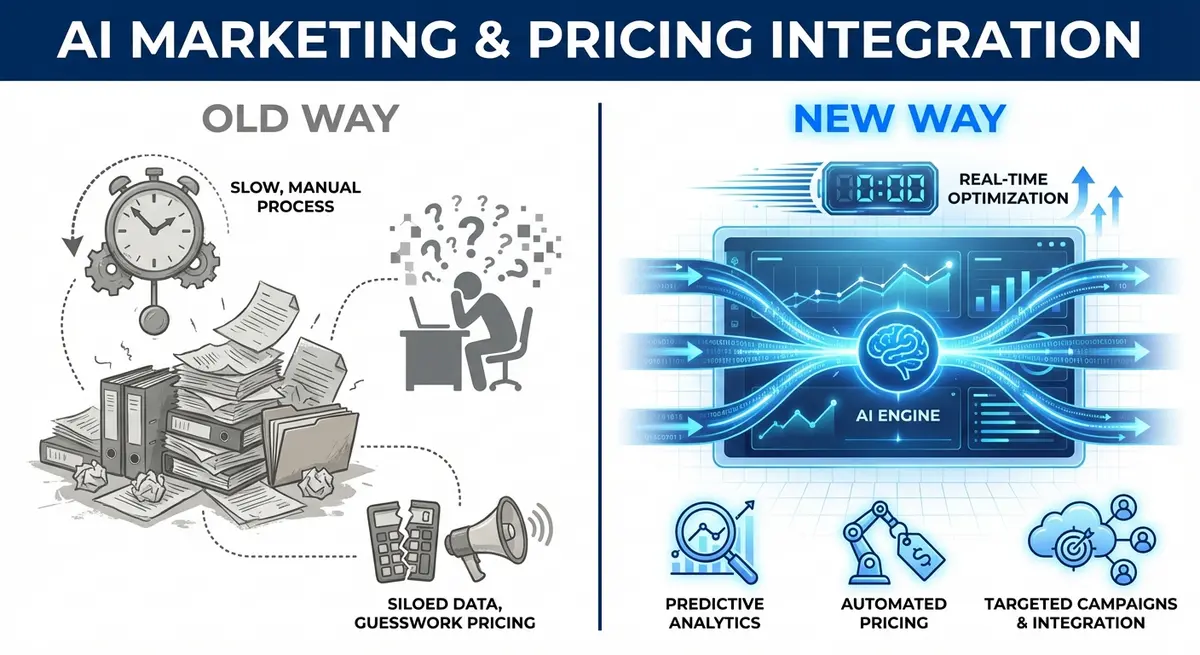 Infographic comparing old manual mortgage marketing to new AI marketing for mortgage lenders pricing strategies