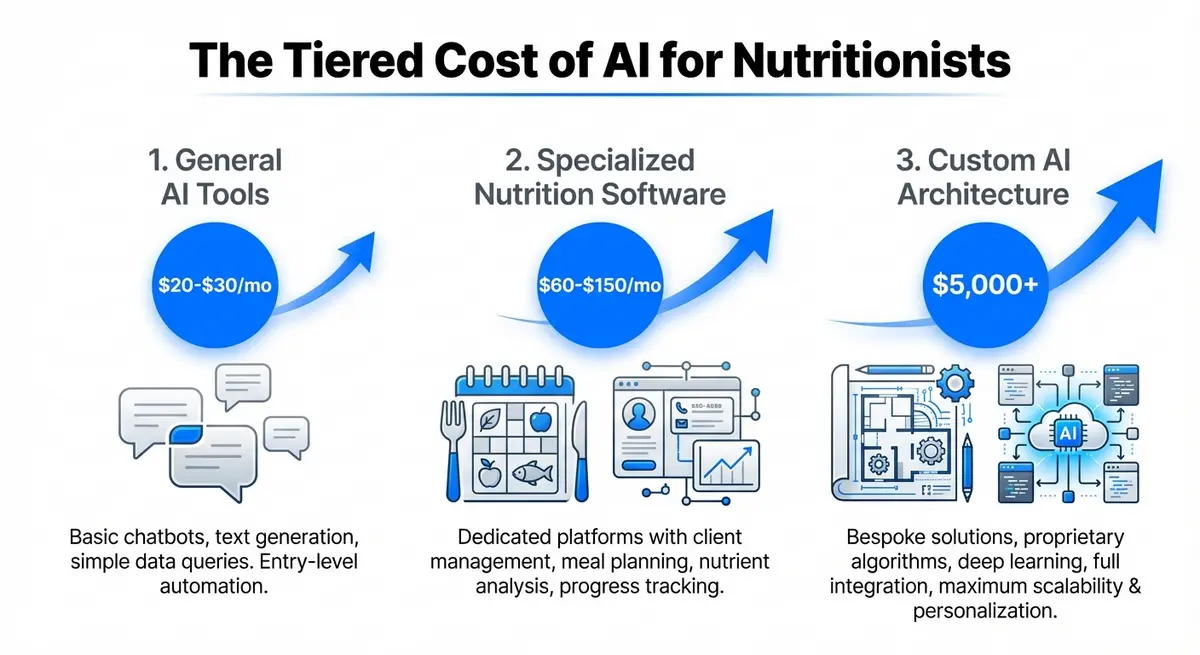 Infographic showing the tiers of ai marketing for nutritionists cost from free tools to custom development