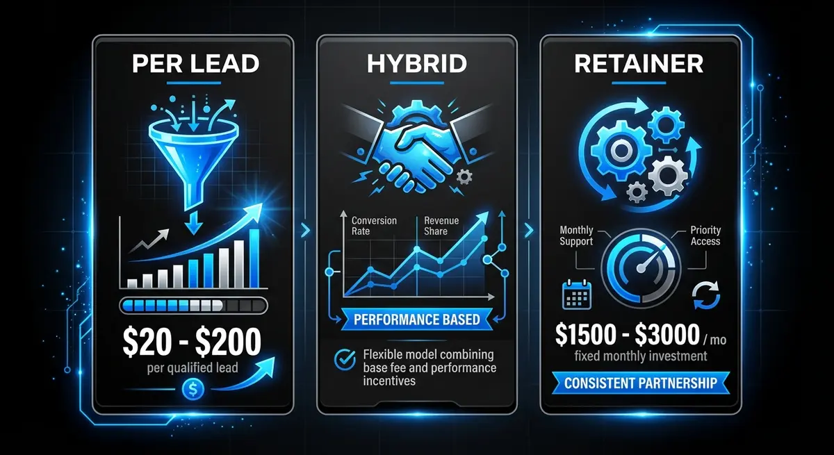 Comparison of AI marketing for optometrists pricing models: Per Lead vs Hybrid vs Retainer