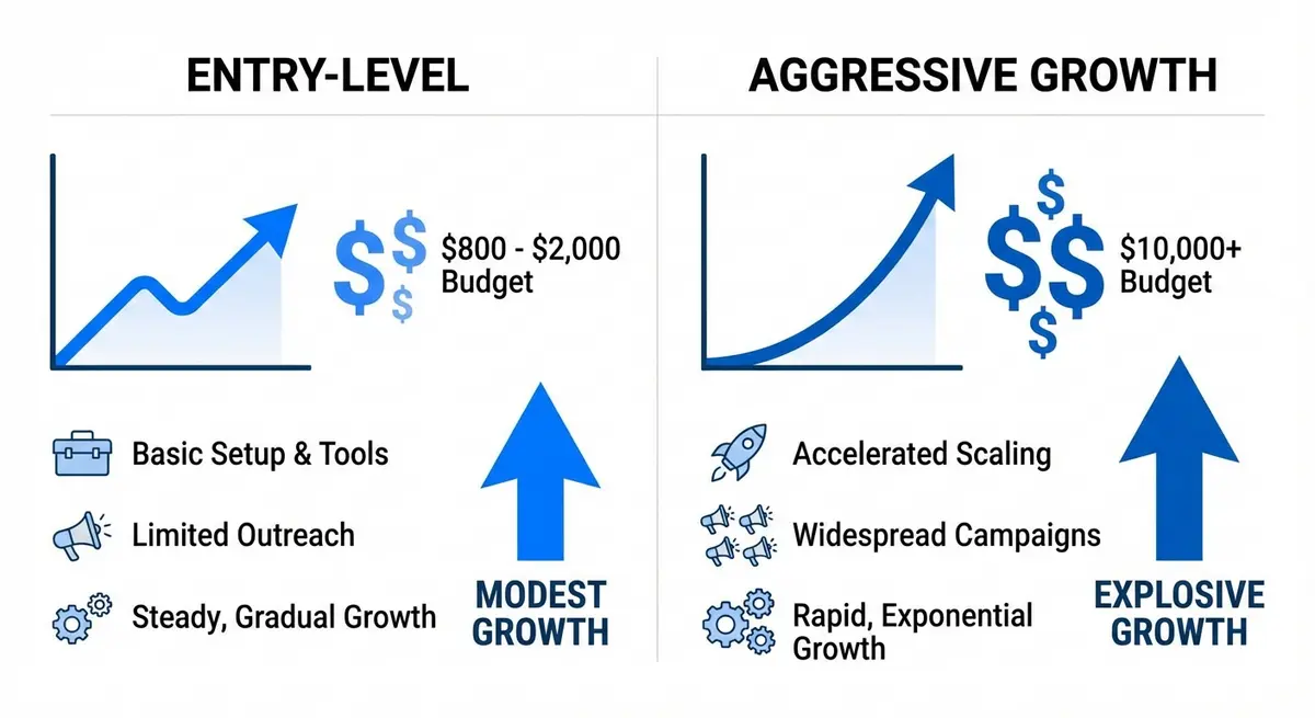 Infographic comparing entry-level vs aggressive AI marketing for pediatricians cost tiers