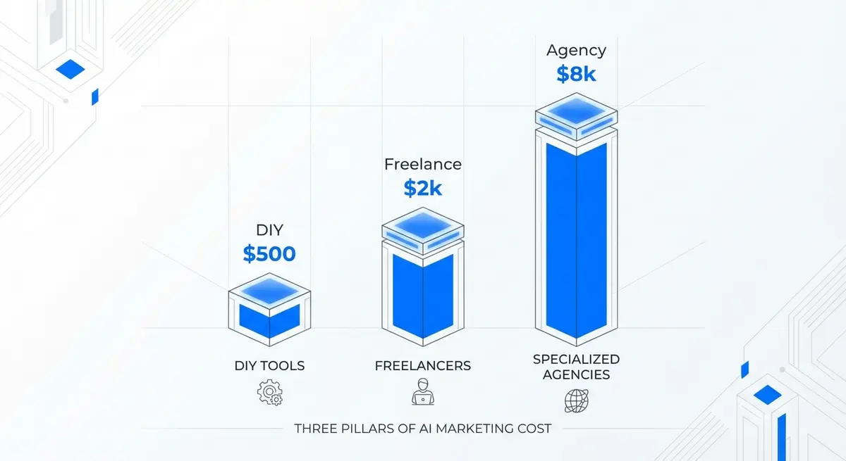 Infographic comparing AI marketing for physical therapy cost across DIY, freelancers, and agencies