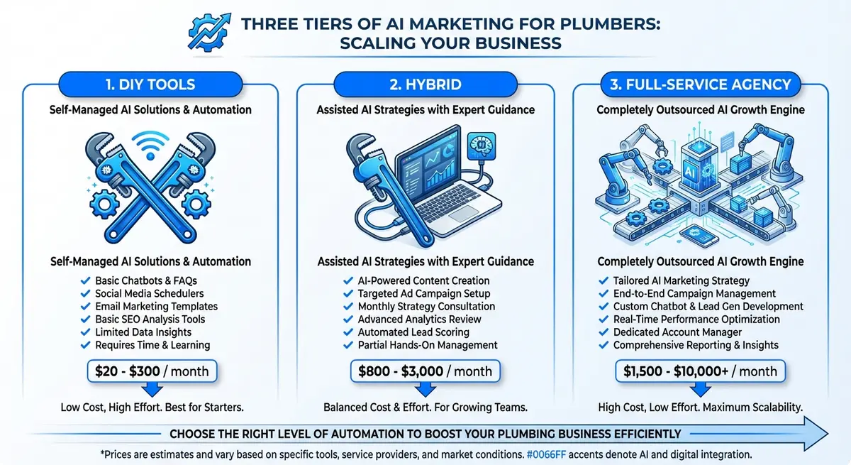 Comparison infographic of ai marketing for plumbers pricing tiers from DIY to Full-Service Agencies
