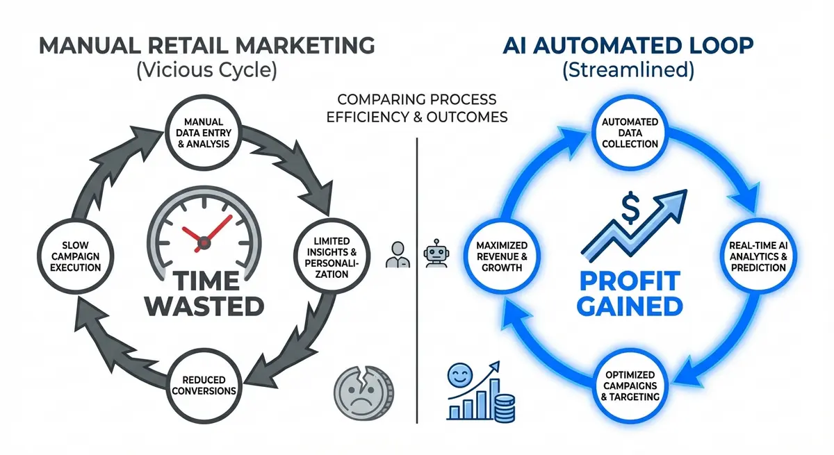 Infographic comparing manual retail marketing tasks versus AI automation efficiency