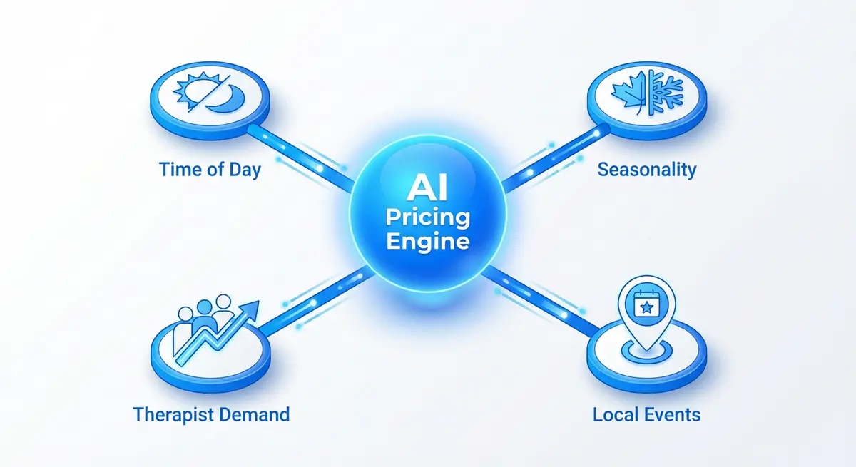 Infographic showing how AI marketing for spas pricing analyzes time, seasonality, and demand