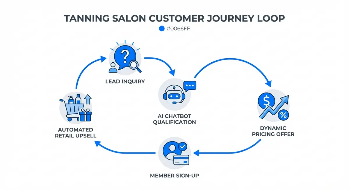 Infographic showing how ai marketing for tanning salons pricing automation converts leads to members