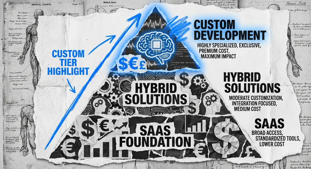 Infographic showing the tiers of ai marketing for healthtech companies cost from SaaS to Custom