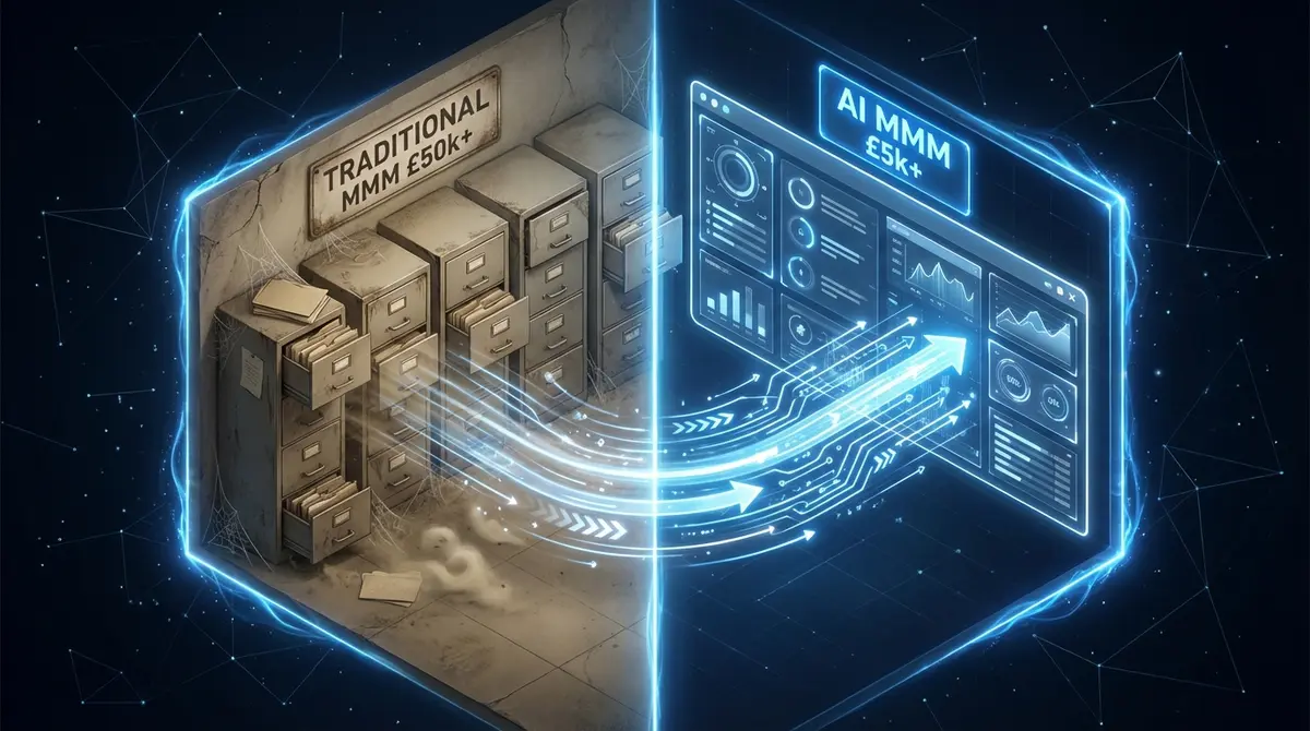 Comparison of traditional vs ai marketing mix modeling cost showing dramatic price reduction