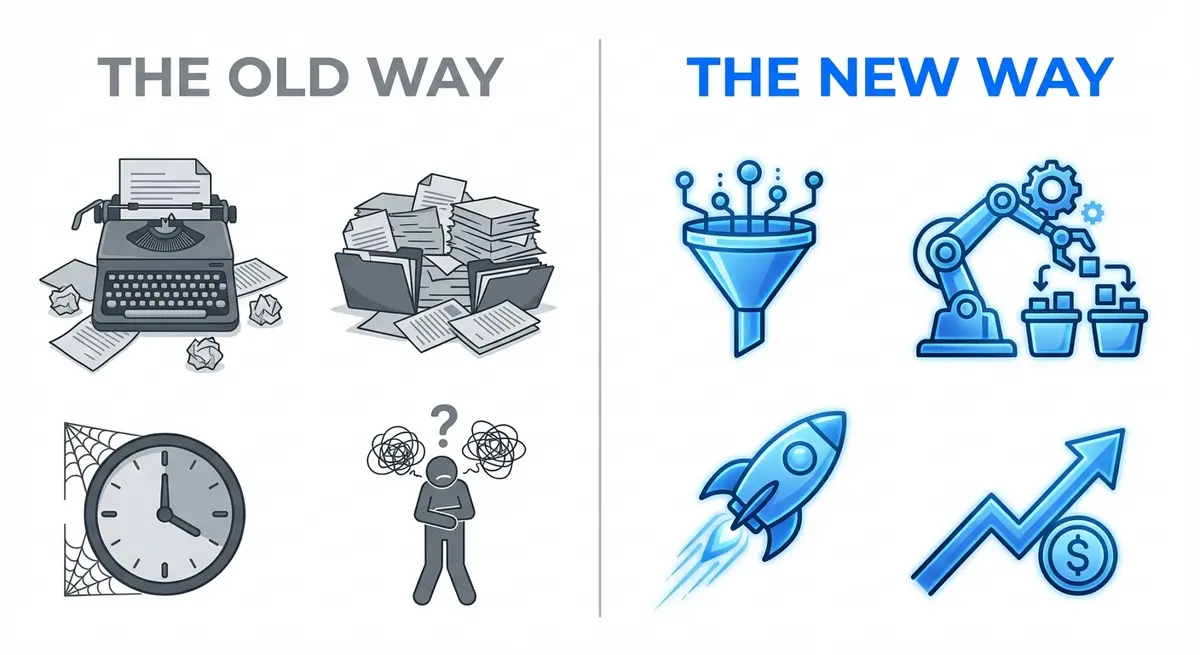 Infographic comparing old manual marketing versus new AI marketing for proptech companies cost and efficiency