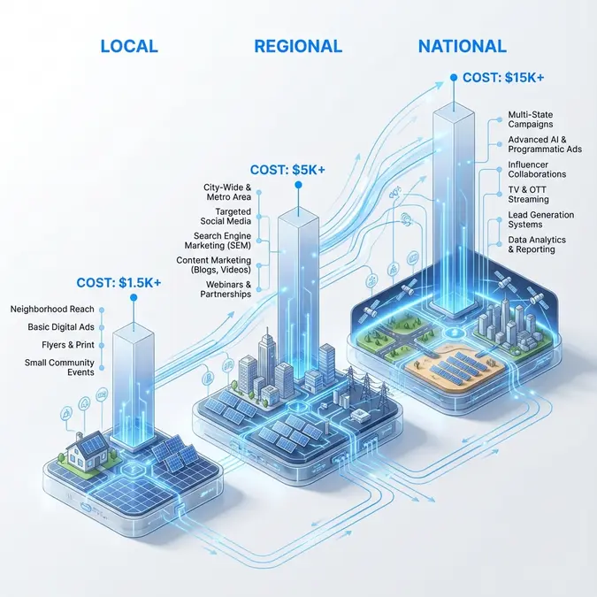 Infographic showing ai marketing for solar companies pricing tiers from local to national scale