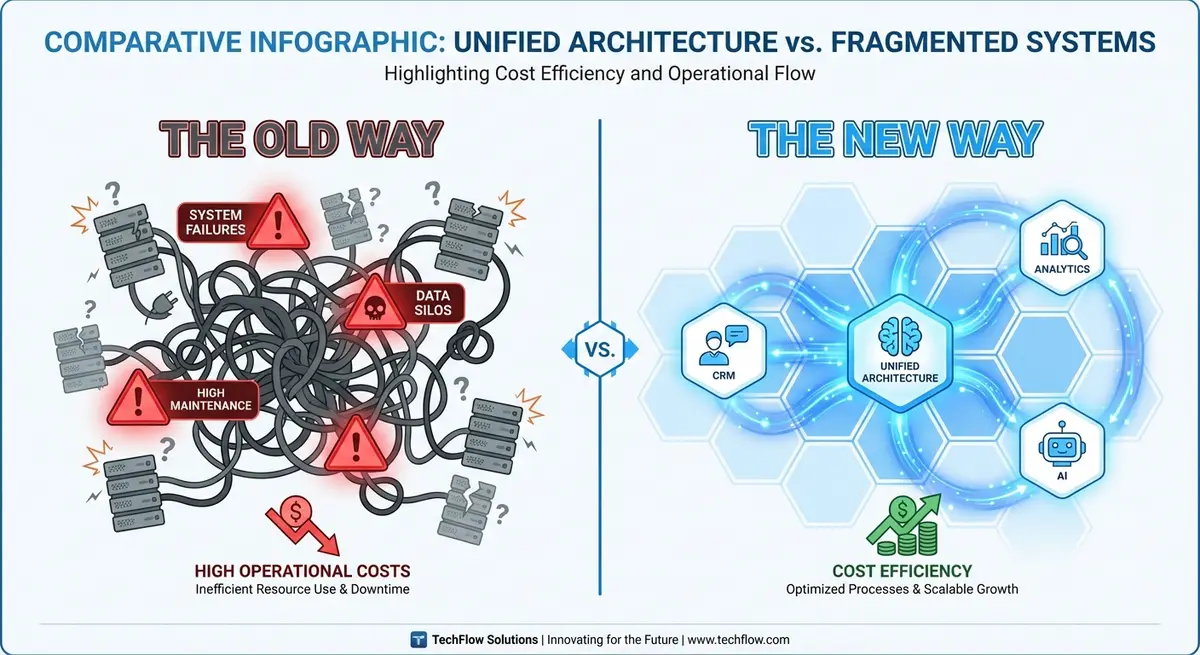 Infographic comparing fragmented software costs vs unified ai marketing tool integration pricing architectures