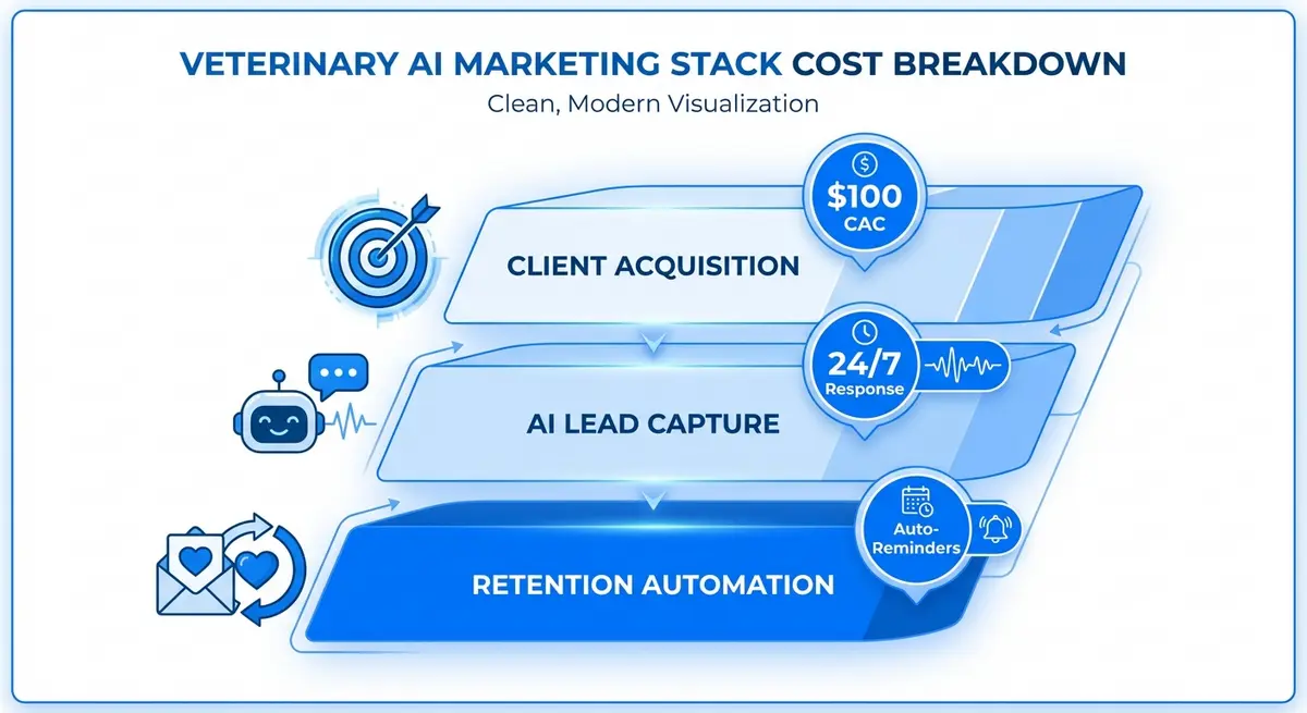 Infographic breaking down ai marketing for veterinarians cost into acquisition, capture, and retention layers