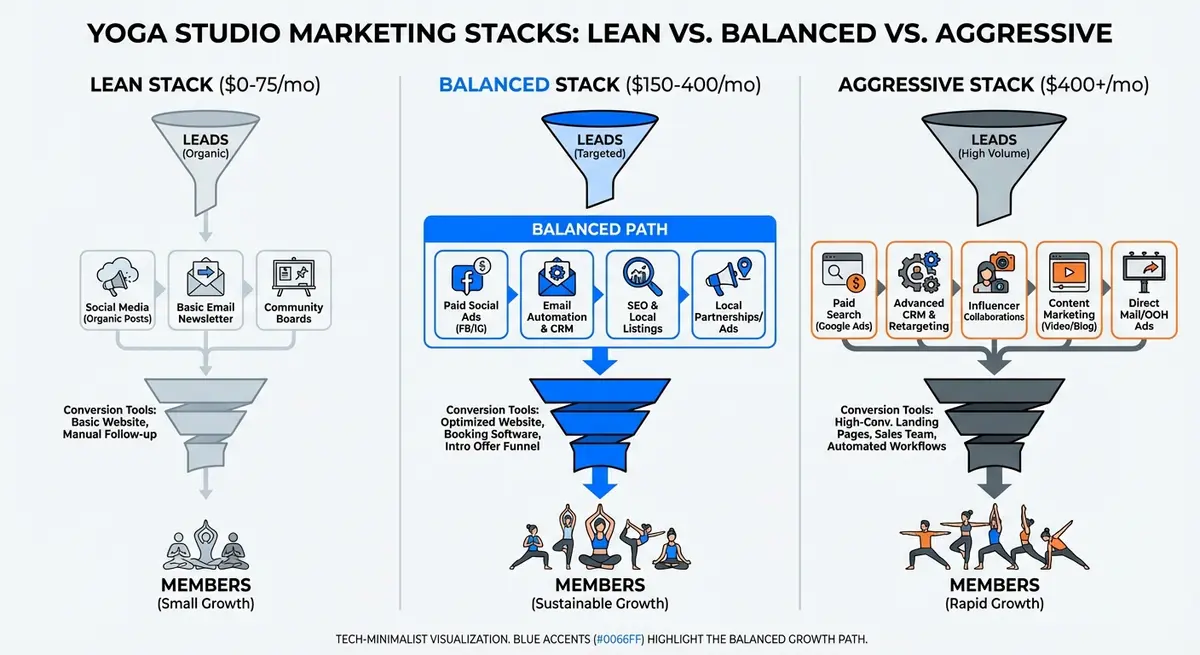 Infographic comparing costs of Lean, Balanced, and Aggressive AI marketing stacks for yoga studios