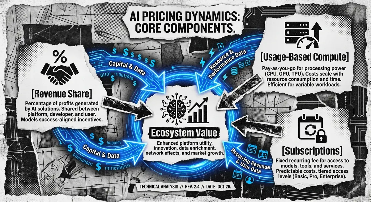 Infographic showing core building blocks of AI marketplace integration pricing including revenue share and usage fees
