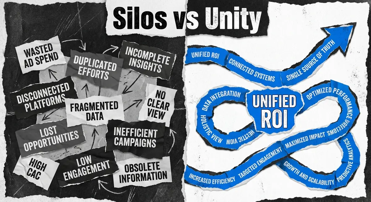 Infographic comparing the cost of fragmented data silos versus unified AI media measurement