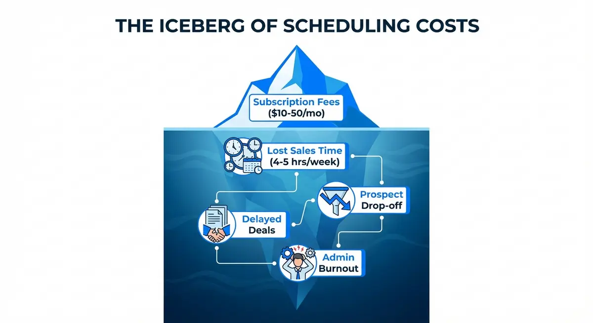 Infographic showing hidden AI meeting scheduler costs versus visible subscription fees