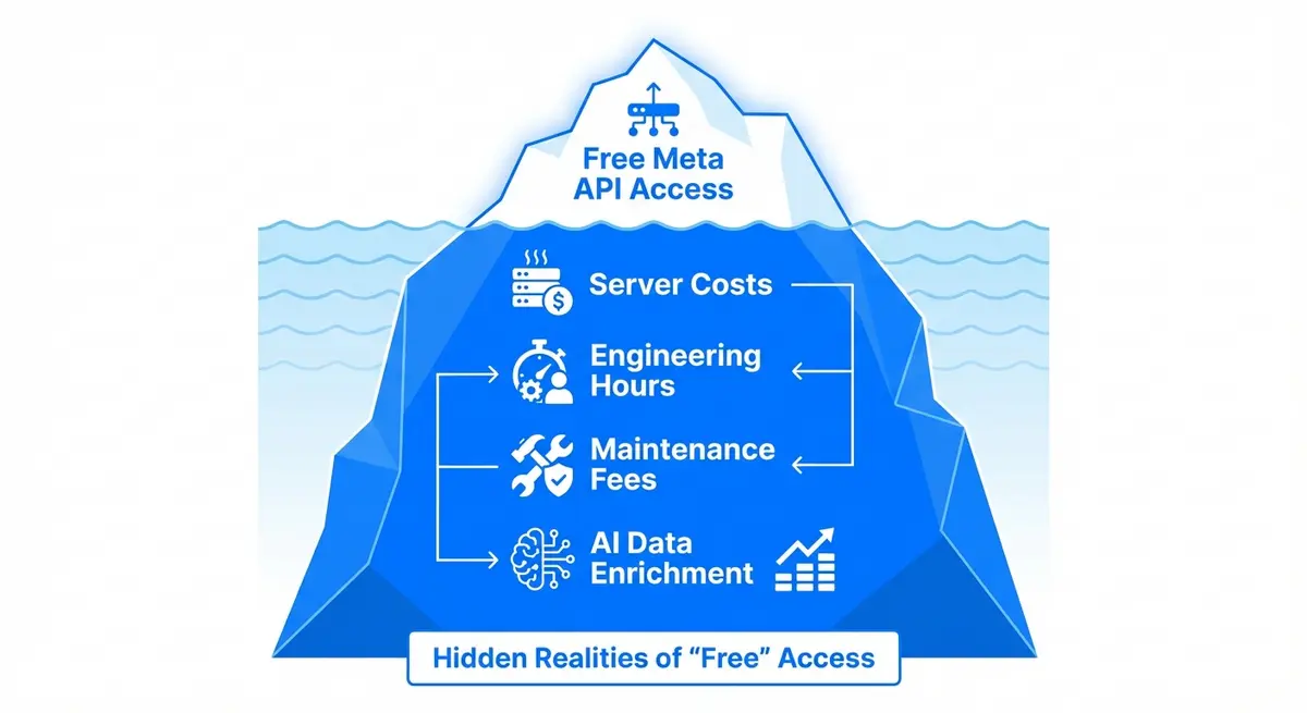 Infographic showing hidden AI Meta Conversion API pricing including server costs and maintenance
