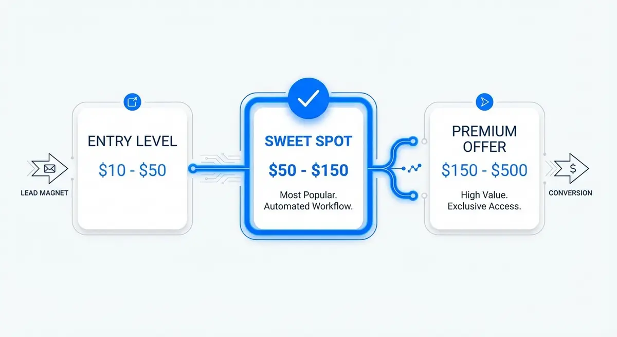 Infographic showing AI mini course funnel pricing tiers and automation flow