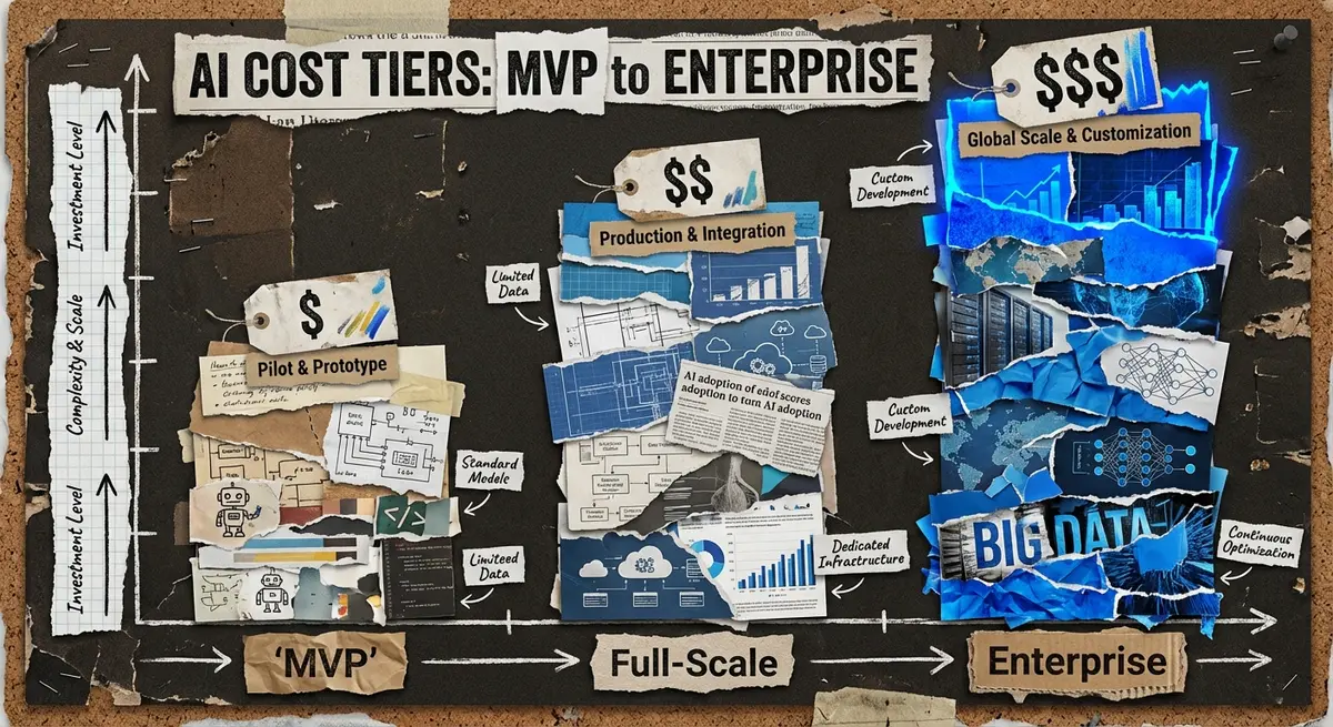 Infographic showing ai mobile optimization cost tiers from MVP to Enterprise apps