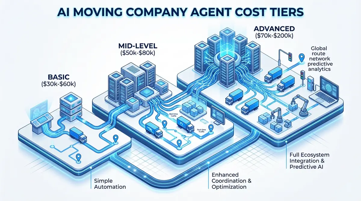 Infographic showing AI moving company agent cost tiers from basic route planning to advanced supply chain management