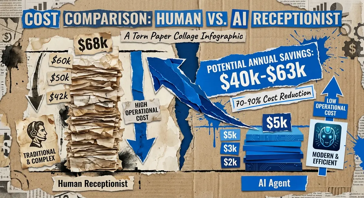 Cost comparison infographic showing human receptionist salary versus ai music school agent cost