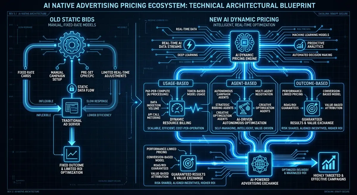 Blueprint of AI native advertising pricing models comparing usage based agent based and outcome based structures