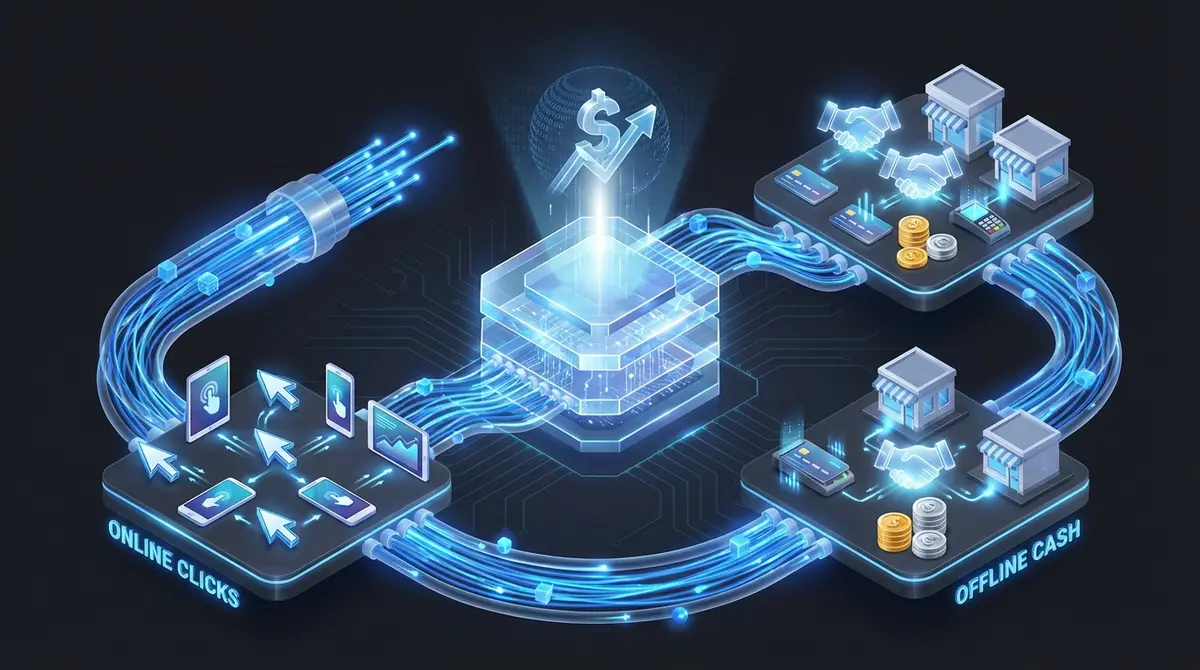Infographic showing AI offline conversion tracking bridging online clicks to offline revenue