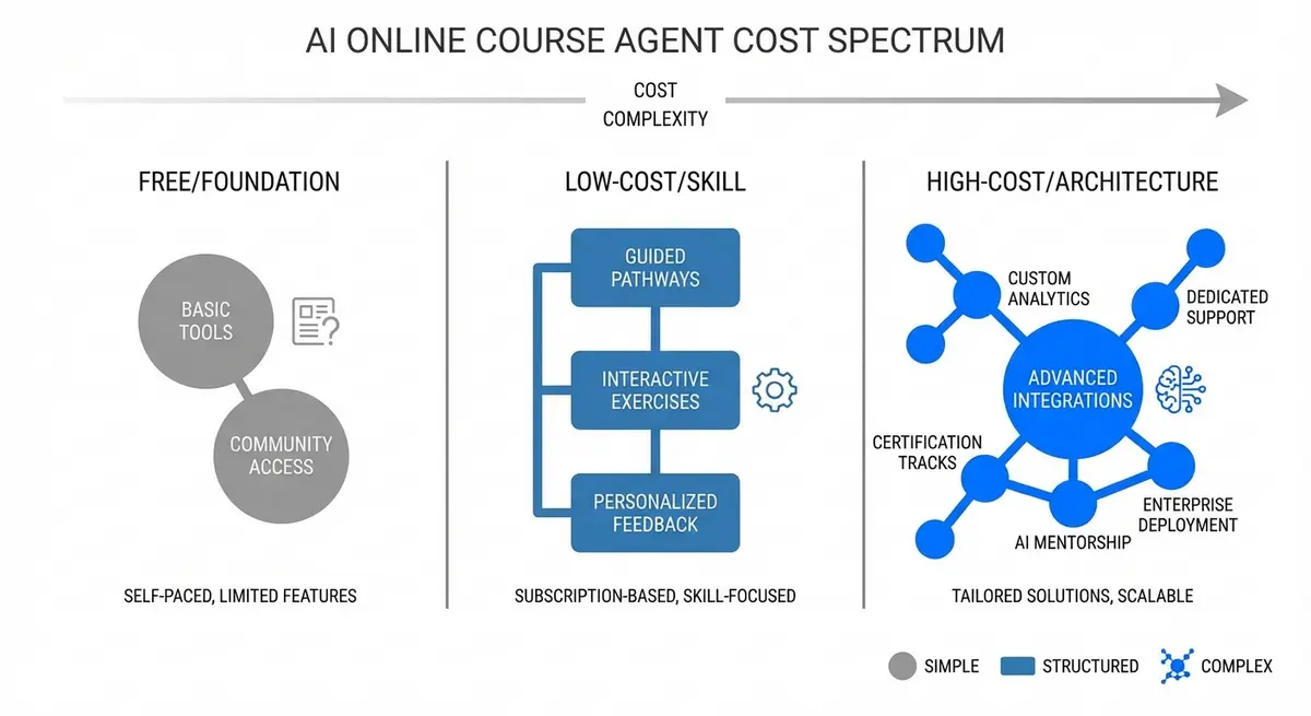 Infographic showing the spectrum of ai online course agent cost from free to premium