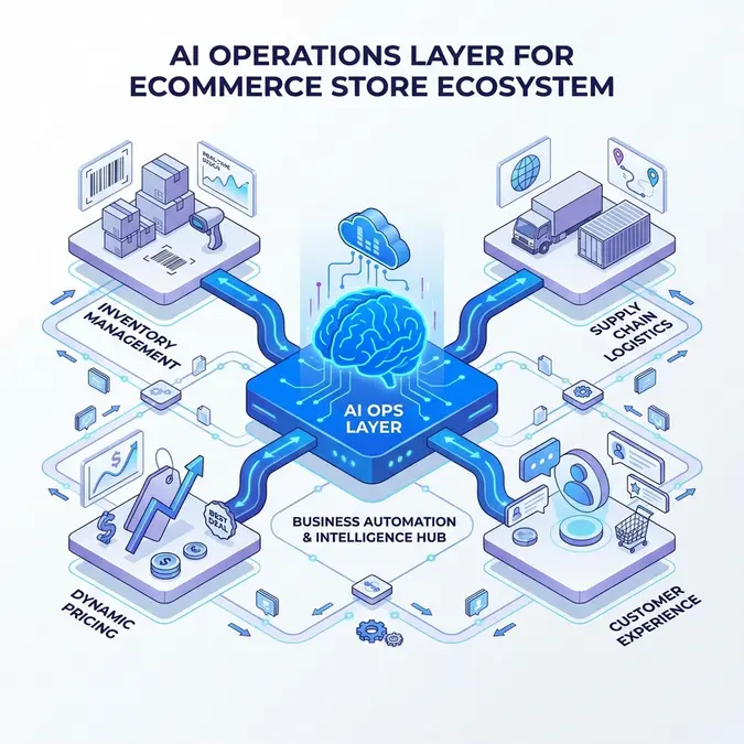 Diagram of core functions in an AI operations layer for ecommerce store