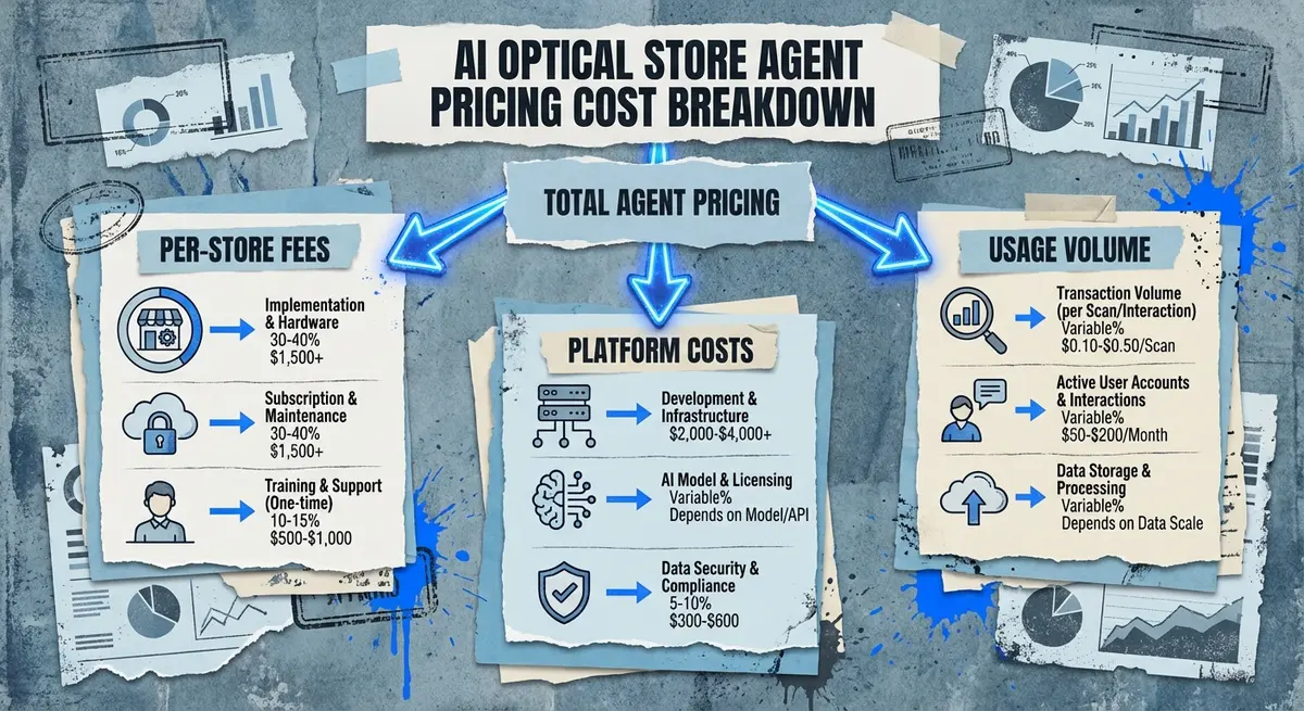 Infographic illustrating AI optical store agent pricing models and cost factors including per-store fees and usage volume