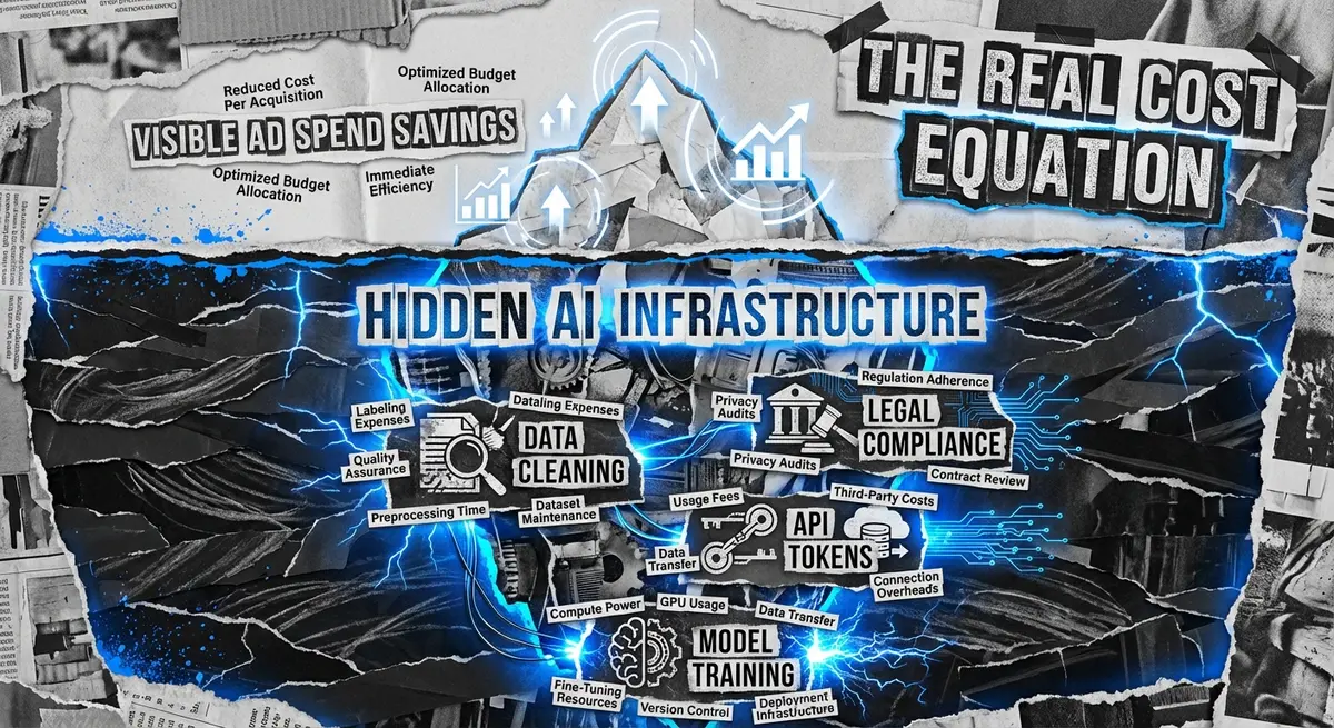 Infographic showing hidden AI OTT advertising costs as an iceberg