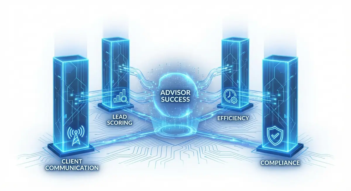 Infographic showing the core pillars of AI outreach for financial advisors: communication, lead scoring, efficiency, and compliance