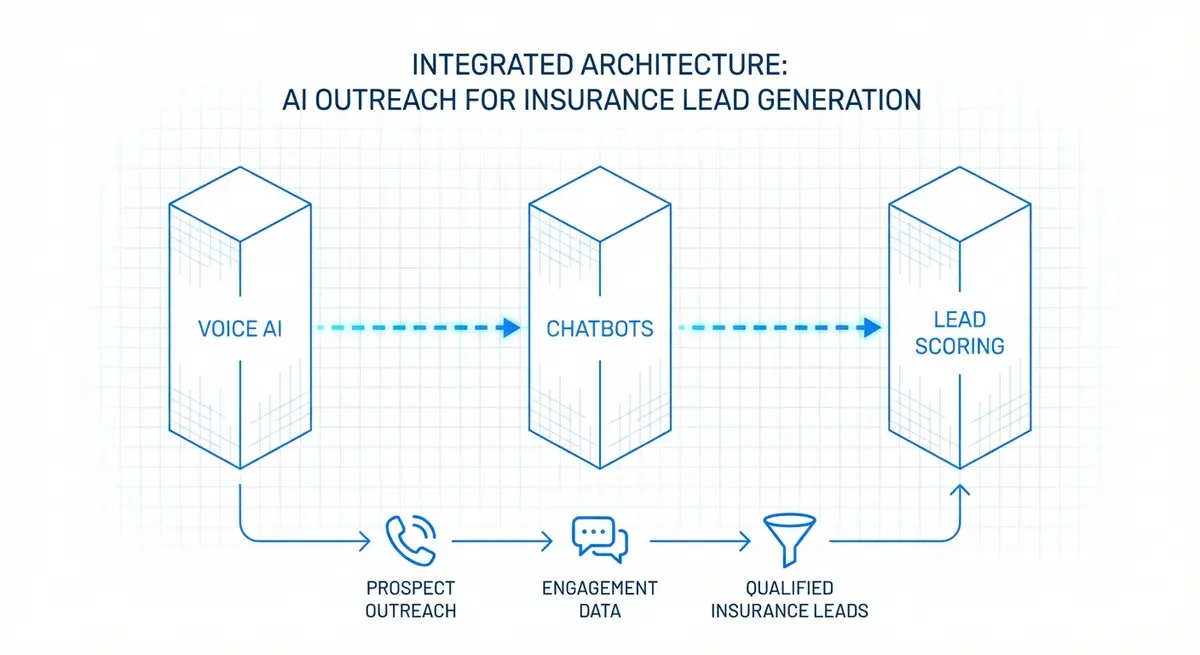 Infographic of AI outreach for insurance lead generation pillars: Voice AI, Chatbots, Lead Scoring