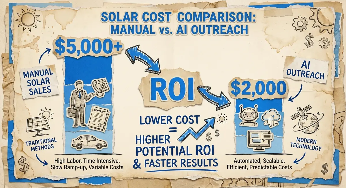 Infographic comparing AI outreach for solar companies cost versus traditional manual sales expenses