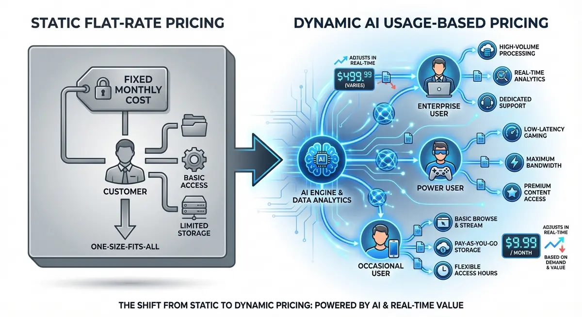 Infographic comparing static flat-rate pricing versus dynamic AI usage-based pricing models