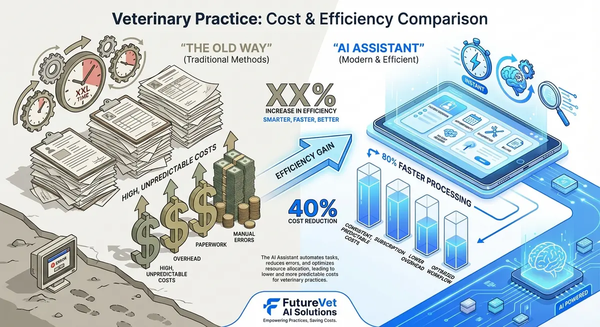 Infographic comparing manual transcription costs versus ai pet care assistant for veterinarians cost