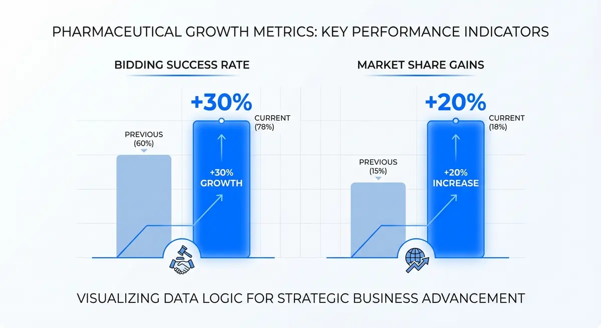 Infographic showing 30% increase in bidding success and 20% market share gains using ai pharmaceutical agent pricing strategies