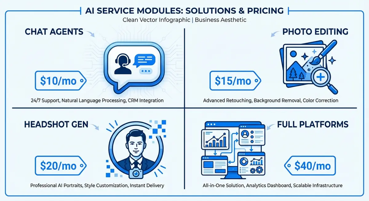 Infographic comparing AI photography agent pricing models for chat, editing, and headshots