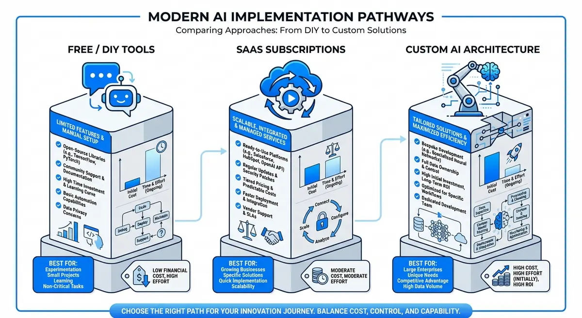 Infographic comparing ai physical therapy agent pricing models from free tools to custom architecture