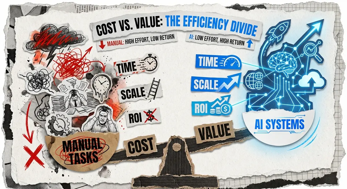 Infographic comparing manual pinterest management costs versus AI system value
