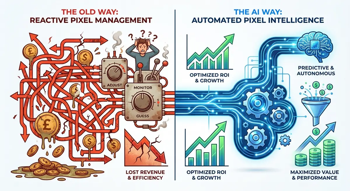 Comparison of reactive manual pixel management versus AI pixel tracking cost efficiency