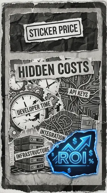 Infographic showing hidden ai popup form builder cost factors like API fees and developer time